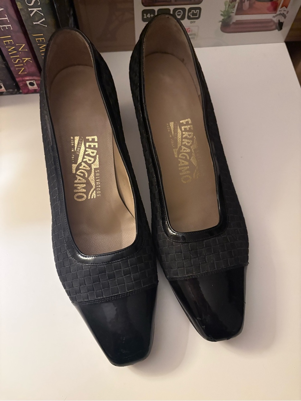 Salvatore Ferragamo Black Woven & Patent Leather Square-Toe Pumps